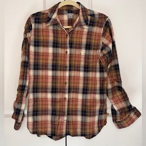 Carhartt Women’s Plaid Flannel Button Up Shirt Long Sleeve Brown Tan Blue Medium